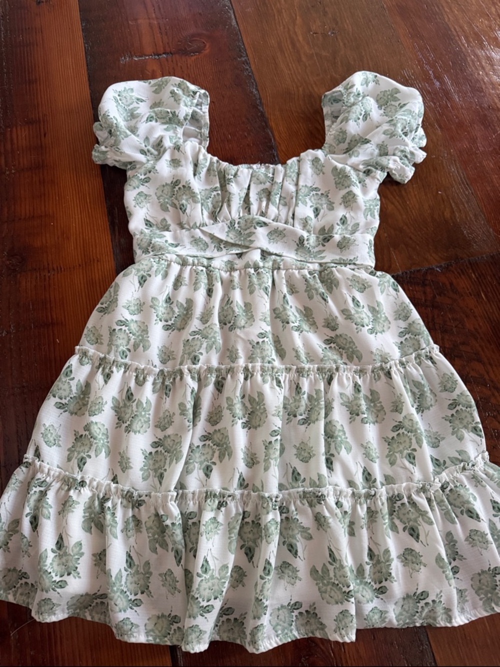 Trixxi White Dress with Sage Green Floral Print and Puff Sleeves